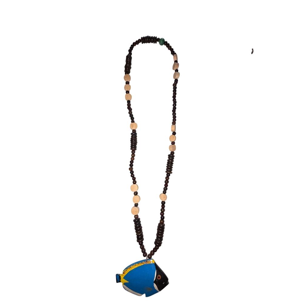 Chunky Wood Hand Painted Fish and Shell Bead Necklace